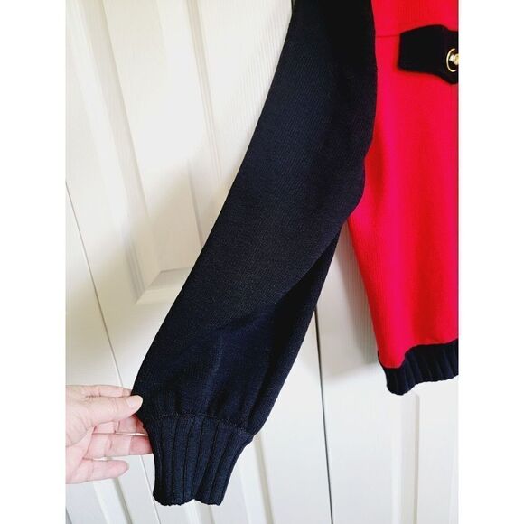 St. John Marie Gray L Red Knit Zip Up Cardigan Red Black Blazer Jacket *2 Holes* - Picture 4 of 10